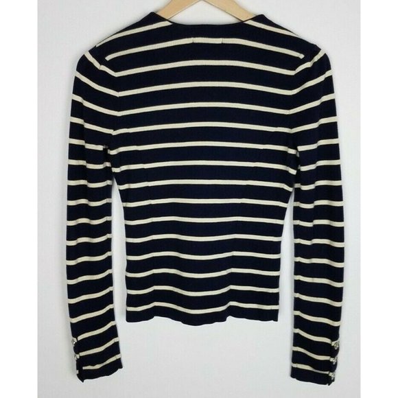 Prich Sz. 160/84A/XS Navy & Ivory Stripe 4 Button V Neck Cardigan Silver Buttons - Picture 6 of 7